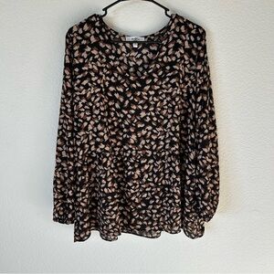 Moa Moa Woman’s 1X Black and Tan Patterned Flowy Lightweight Sheer Blouse